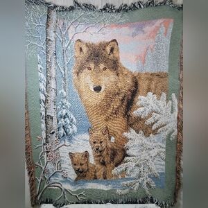 Source Unknown Wolf Family Tapestry Blanket - Brown and Green